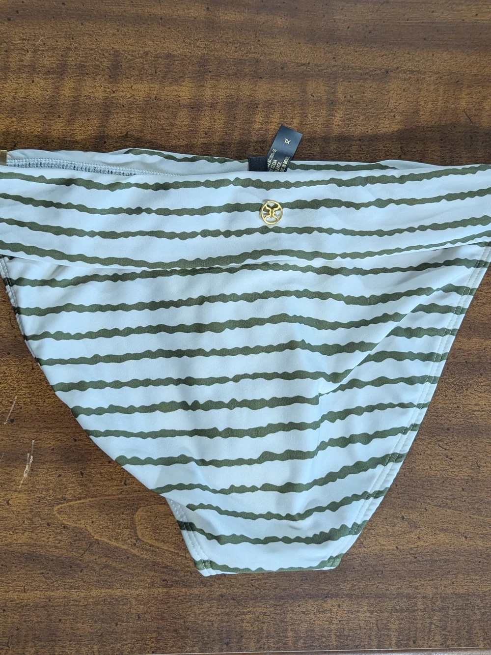 Striped Olive & White Bikini Bottom with Gold Accent